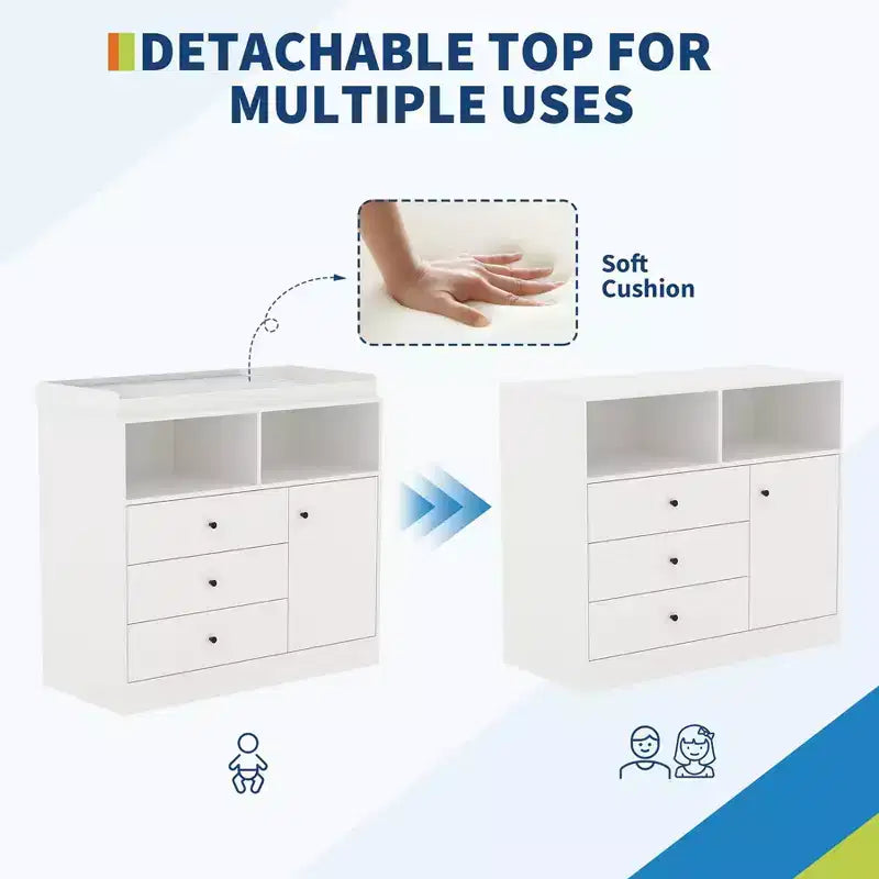 White Nursery Dresser with Changing Top Tall Wooden Diaper Station with 3 Drawers & 2 Shelves for Kids Room (1-Piece)