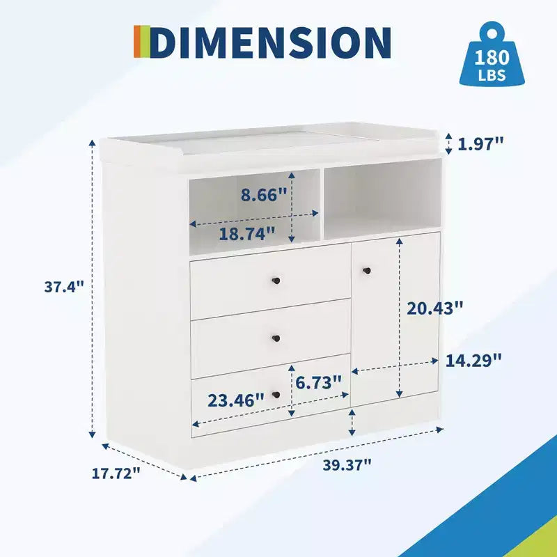 White Nursery Dresser with Changing Top Tall Wooden Diaper Station with 3 Drawers & 2 Shelves for Kids Room (1-Piece)