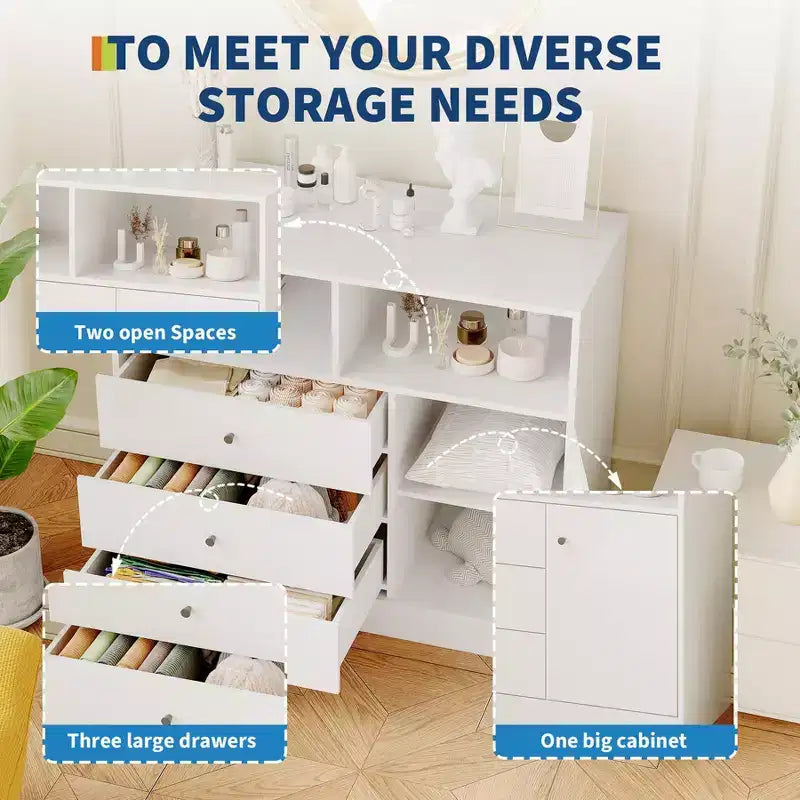 White Nursery Dresser with Changing Top Tall Wooden Diaper Station with 3 Drawers & 2 Shelves for Kids Room (1-Piece)