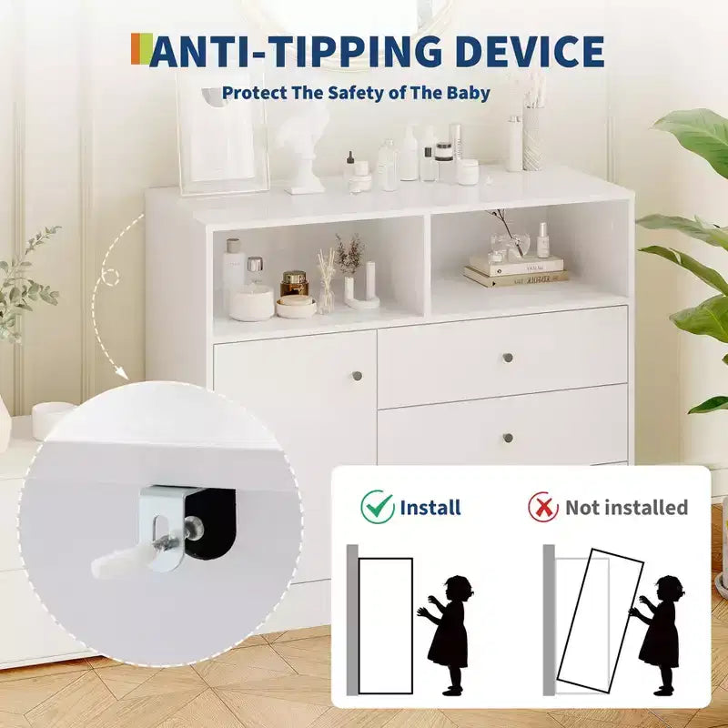 White Nursery Dresser with Changing Top Tall Wooden Diaper Station with 3 Drawers & 2 Shelves for Kids Room (1-Piece)
