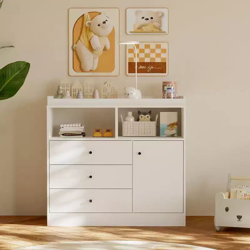 White Nursery Dresser with Changing Top Tall Wooden Diaper Station with 3 Drawers & 2 Shelves for Kids Room (1-Piece)