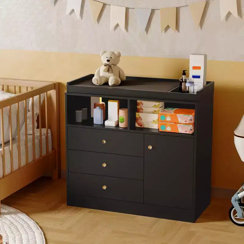 White Nursery Dresser with Changing Top Tall Wooden Diaper Station with 3 Drawers & 2 Shelves for Kids Room (1-Piece)