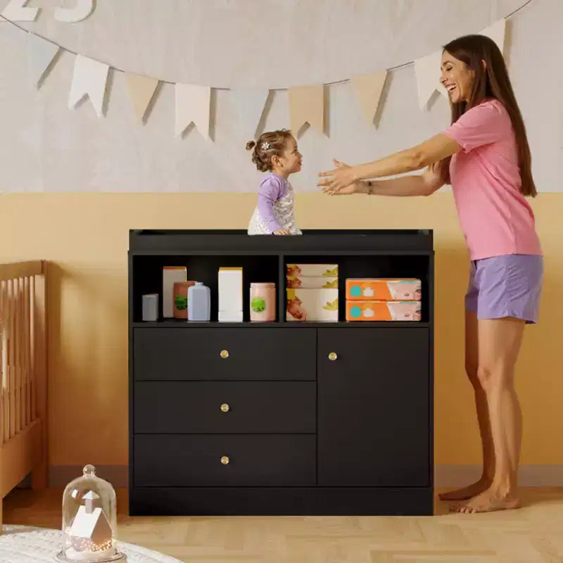 White Nursery Dresser with Changing Top Tall Wooden Diaper Station with 3 Drawers & 2 Shelves for Kids Room (1-Piece)