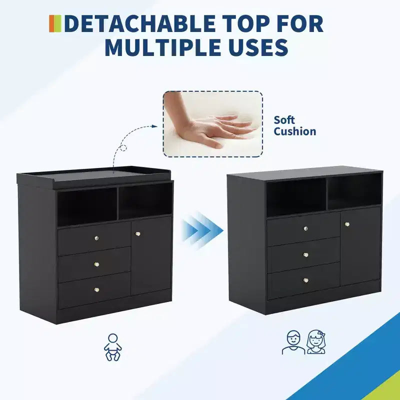 White Nursery Dresser with Changing Top Tall Wooden Diaper Station with 3 Drawers & 2 Shelves for Kids Room (1-Piece)