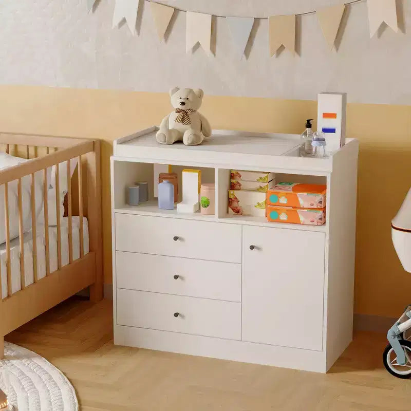 White Nursery Dresser with Changing Top Tall Wooden Diaper Station with 3 Drawers & 2 Shelves for Kids Room (1-Piece)