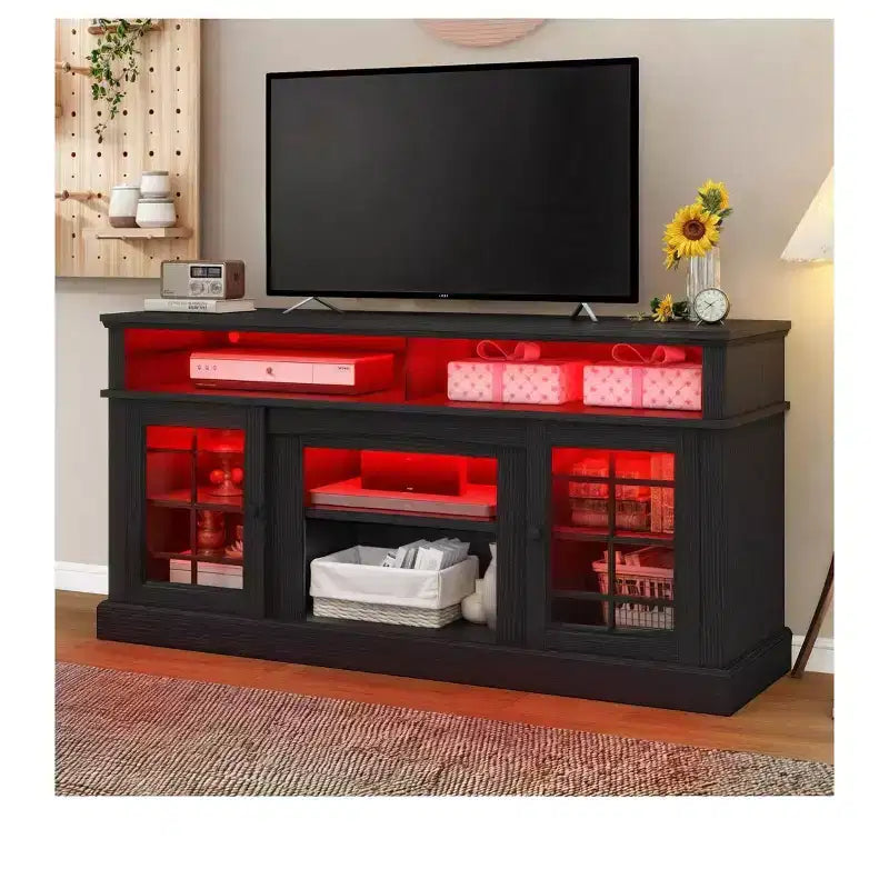 Farmhouse TV Stand for 70 Inch TV, LED Entertainment Center with Adjustable Shelves & Glass Doors, TV Media Console Table for Living Room