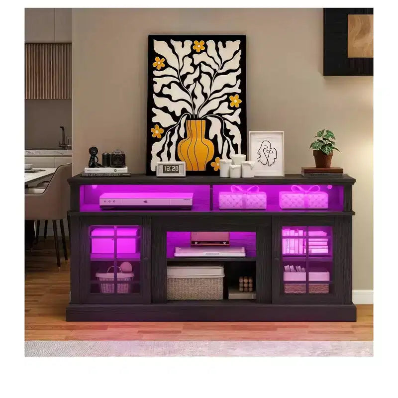 Farmhouse TV Stand for 70 Inch TV, LED Entertainment Center with Adjustable Shelves & Glass Doors, TV Media Console Table for Living Room