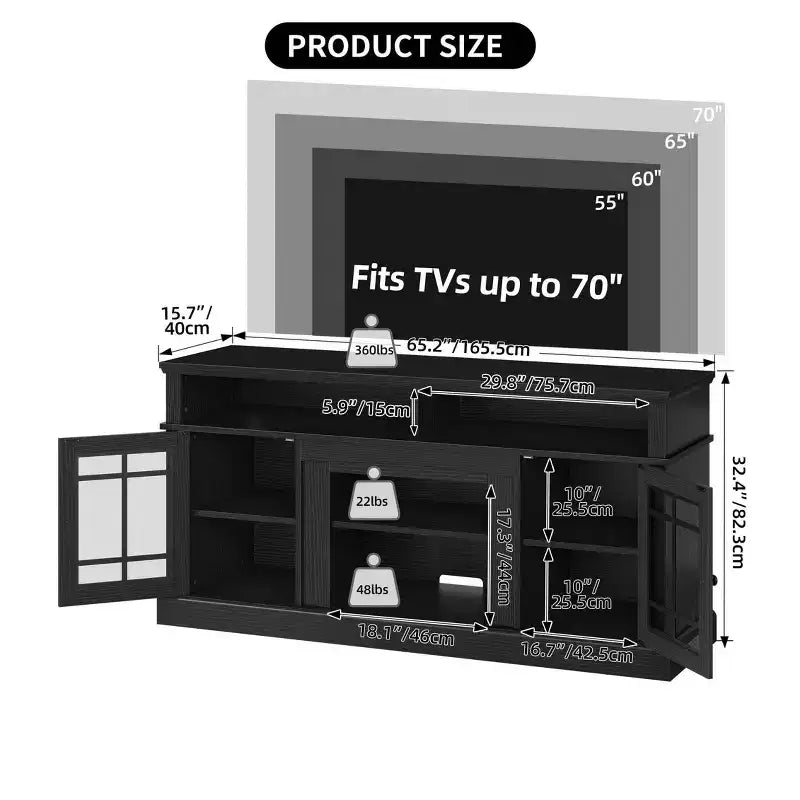 Farmhouse TV Stand for 70 Inch TV, LED Entertainment Center with Adjustable Shelves & Glass Doors, TV Media Console Table for Living Room