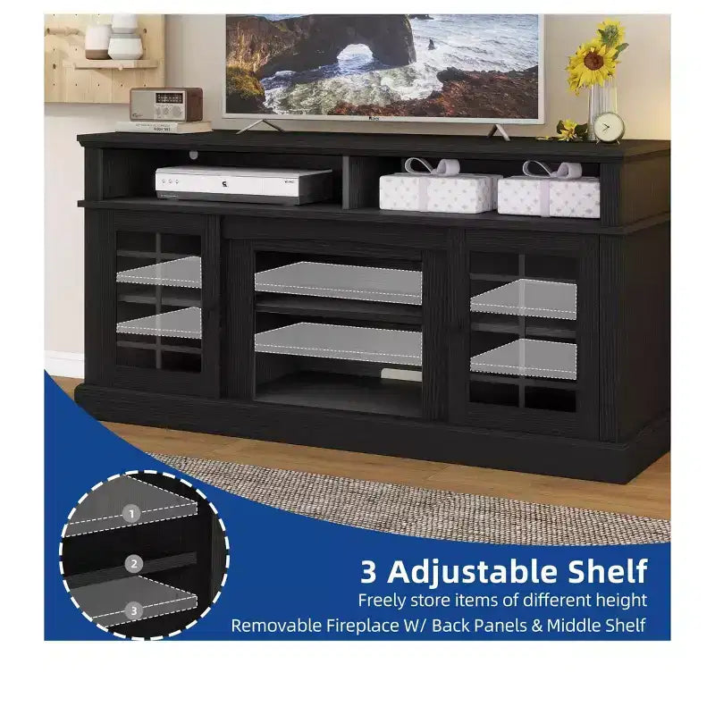 Farmhouse TV Stand for 70 Inch TV, LED Entertainment Center with Adjustable Shelves & Glass Doors, TV Media Console Table for Living Room