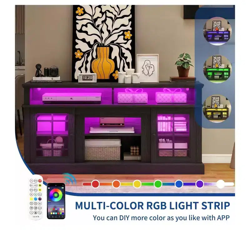 Farmhouse TV Stand for 70 Inch TV, LED Entertainment Center with Adjustable Shelves & Glass Doors, TV Media Console Table for Living Room