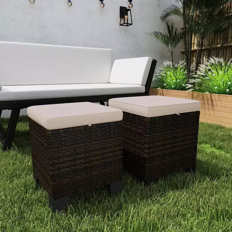 2 Piece Wicker Outdoor Ottomans with Cushions, Rattan Ottoman Footrest and Side Table for Patio, Poolside