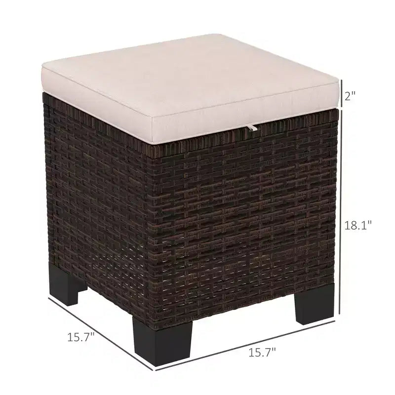 2 Piece Wicker Outdoor Ottomans with Cushions, Rattan Ottoman Footrest and Side Table for Patio, Poolside