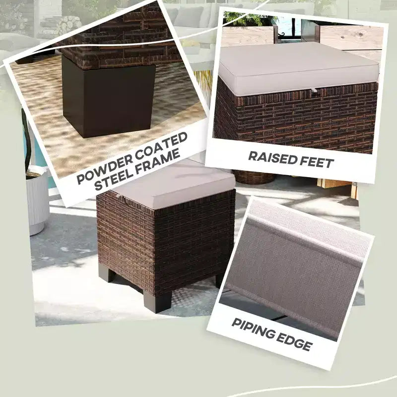 2 Piece Wicker Outdoor Ottomans with Cushions, Rattan Ottoman Footrest and Side Table for Patio, Poolside