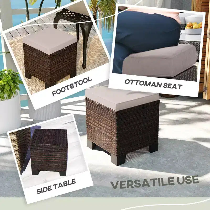2 Piece Wicker Outdoor Ottomans with Cushions, Rattan Ottoman Footrest and Side Table for Patio, Poolside