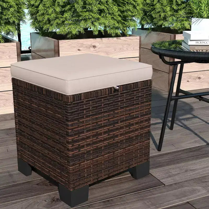 2 Piece Wicker Outdoor Ottomans with Cushions, Rattan Ottoman Footrest and Side Table for Patio, Poolside