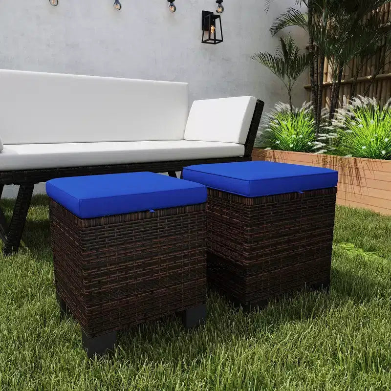 2 Piece Wicker Outdoor Ottomans with Cushions, Rattan Ottoman Footrest and Side Table for Patio, Poolside