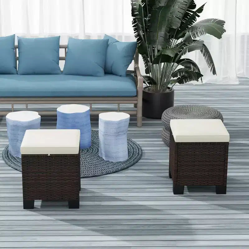 2 Piece Wicker Outdoor Ottomans with Cushions, Rattan Ottoman Footrest and Side Table for Patio, Poolside