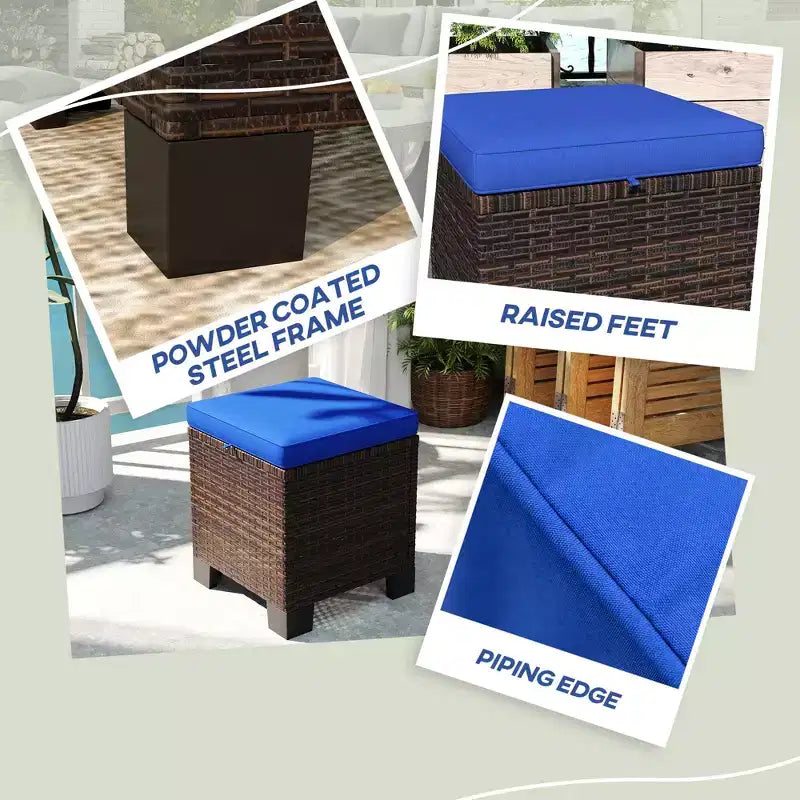 2 Piece Wicker Outdoor Ottomans with Cushions, Rattan Ottoman Footrest and Side Table for Patio, Poolside