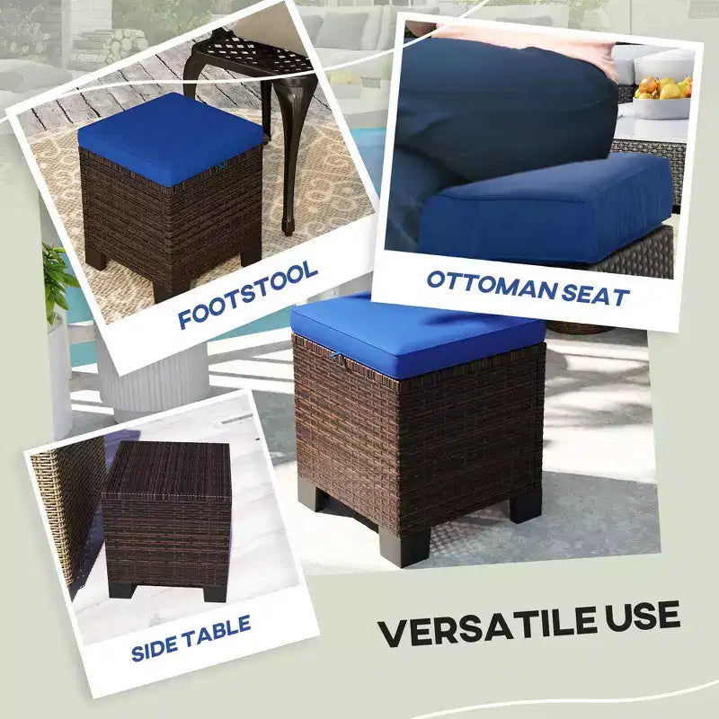 2 Piece Wicker Outdoor Ottomans with Cushions, Rattan Ottoman Footrest and Side Table for Patio, Poolside