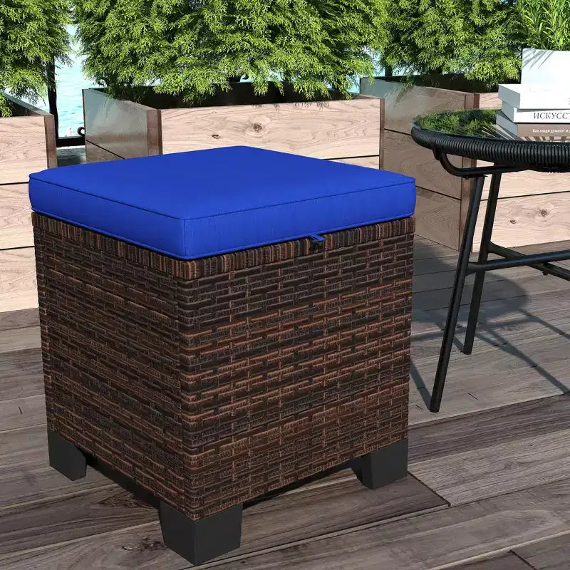 2 Piece Wicker Outdoor Ottomans with Cushions, Rattan Ottoman Footrest and Side Table for Patio, Poolside