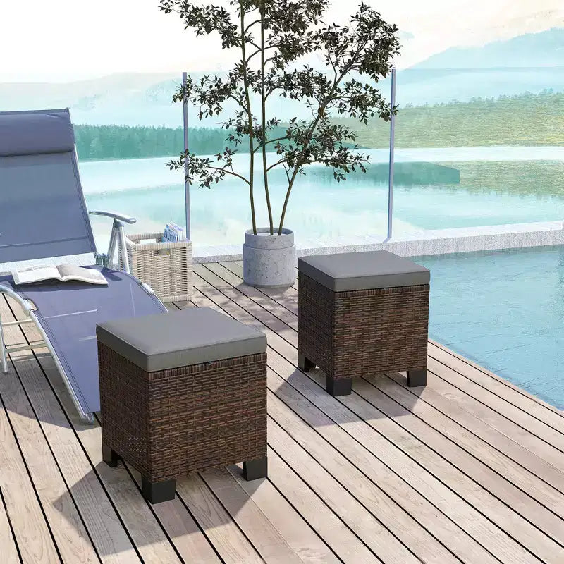 2 Piece Wicker Outdoor Ottomans with Cushions, Rattan Ottoman Footrest and Side Table for Patio, Poolside