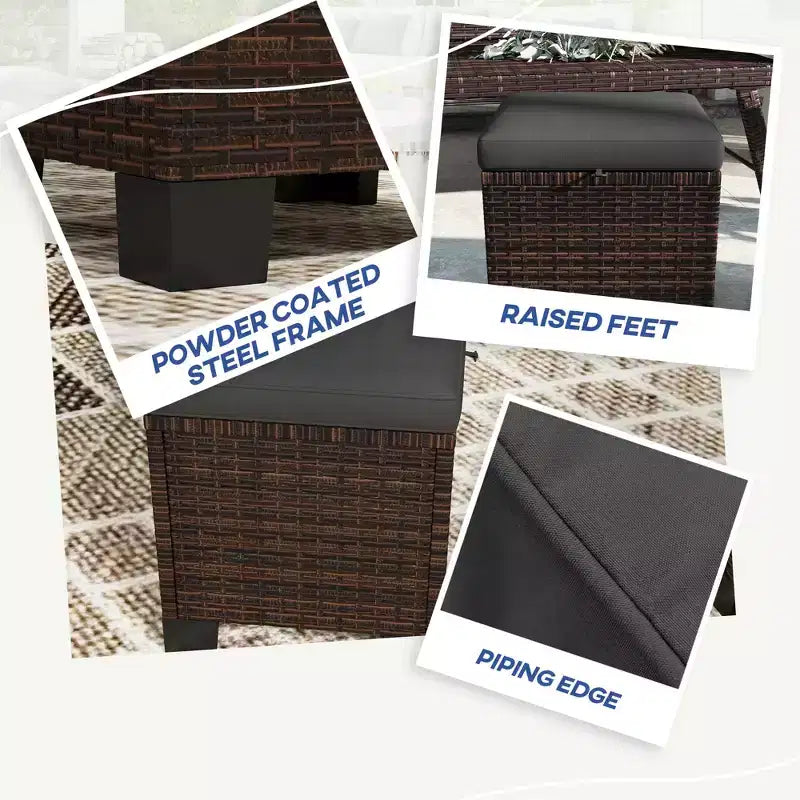 2 Piece Wicker Outdoor Ottomans with Cushions, Rattan Ottoman Footrest and Side Table for Patio, Poolside