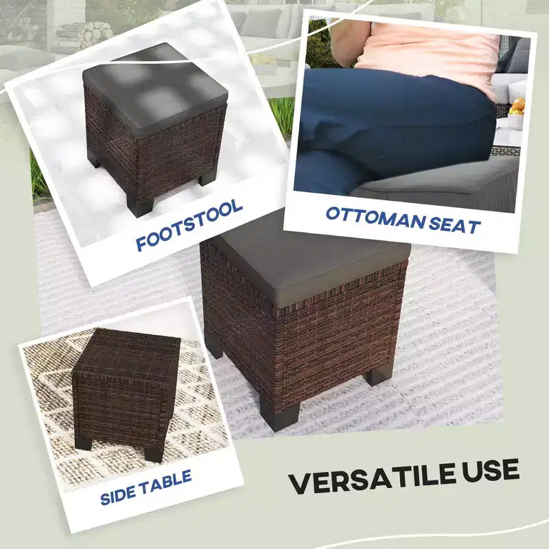 2 Piece Wicker Outdoor Ottomans with Cushions, Rattan Ottoman Footrest and Side Table for Patio, Poolside