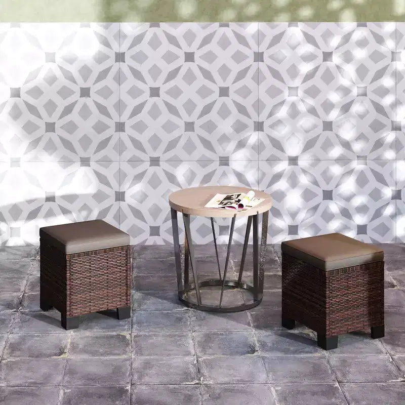 2 Piece Wicker Outdoor Ottomans with Cushions, Rattan Ottoman Footrest and Side Table for Patio, Poolside