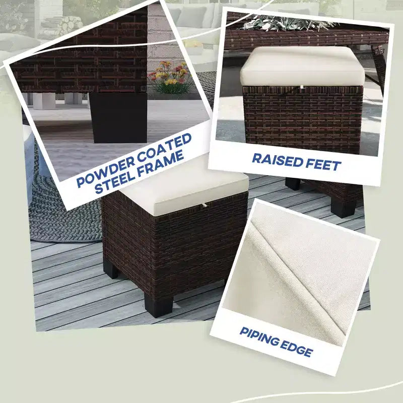 2 Piece Wicker Outdoor Ottomans with Cushions, Rattan Ottoman Footrest and Side Table for Patio, Poolside