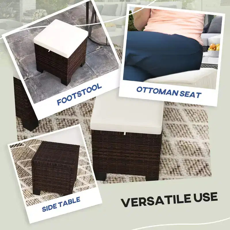 2 Piece Wicker Outdoor Ottomans with Cushions, Rattan Ottoman Footrest and Side Table for Patio, Poolside