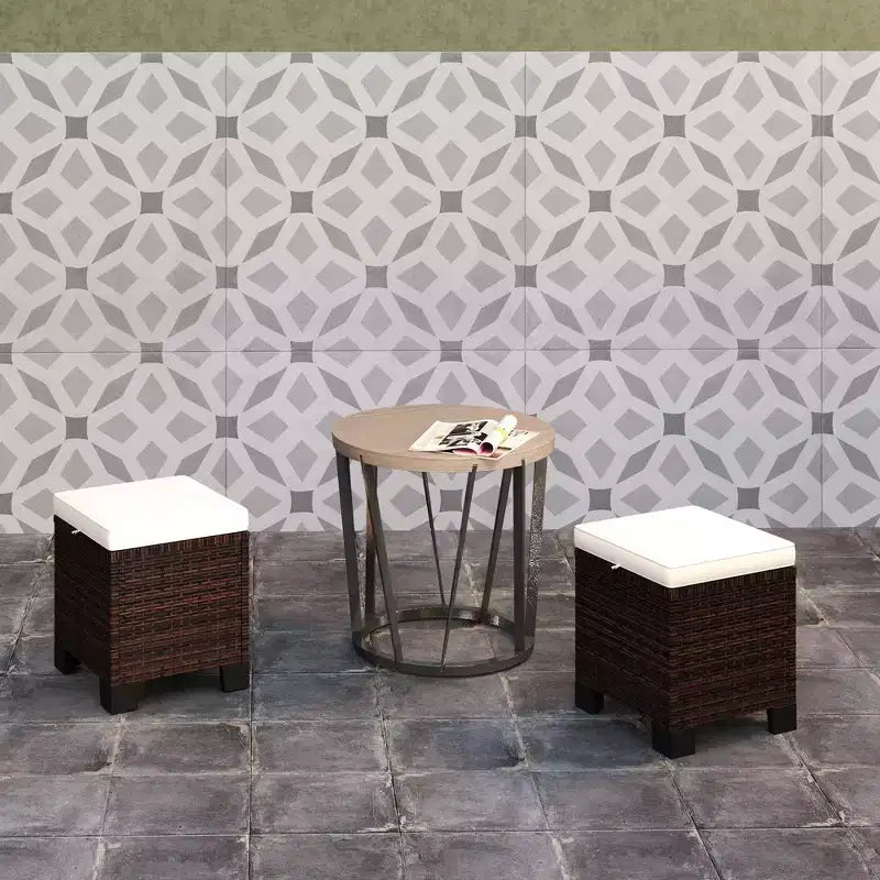 2 Piece Wicker Outdoor Ottomans with Cushions, Rattan Ottoman Footrest and Side Table for Patio, Poolside