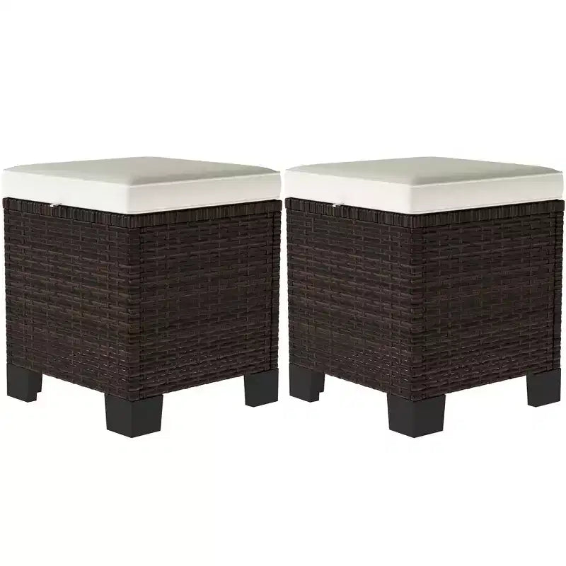 2 Piece Wicker Outdoor Ottomans with Cushions, Rattan Ottoman Footrest and Side Table for Patio, Poolside
