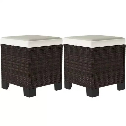 2 Piece Wicker Outdoor Ottomans with Cushions, Rattan Ottoman Footrest and Side Table for Patio, Poolside