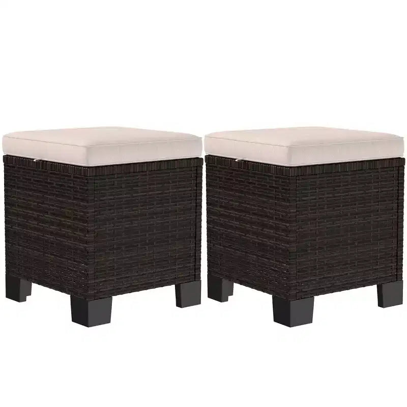 2 Piece Wicker Outdoor Ottomans with Cushions, Rattan Ottoman Footrest and Side Table for Patio, Poolside