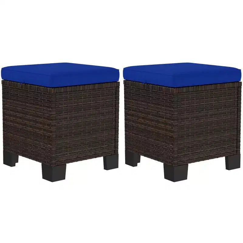 2 Piece Wicker Outdoor Ottomans with Cushions, Rattan Ottoman Footrest and Side Table for Patio, Poolside