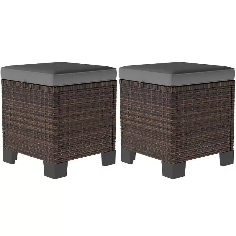 2 Piece Wicker Outdoor Ottomans with Cushions, Rattan Ottoman Footrest and Side Table for Patio, Poolside
