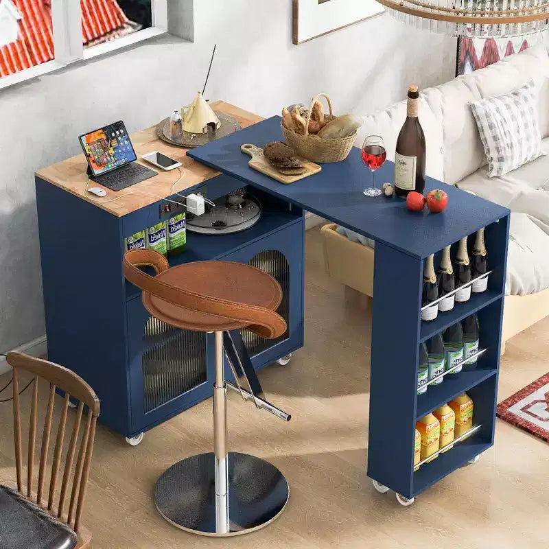 Kitchen Island On Wheels with 2 Glass Doors, Kitchen Cart with Extended Table and Power Outlets, Kitchen Island with Side Open Shelves