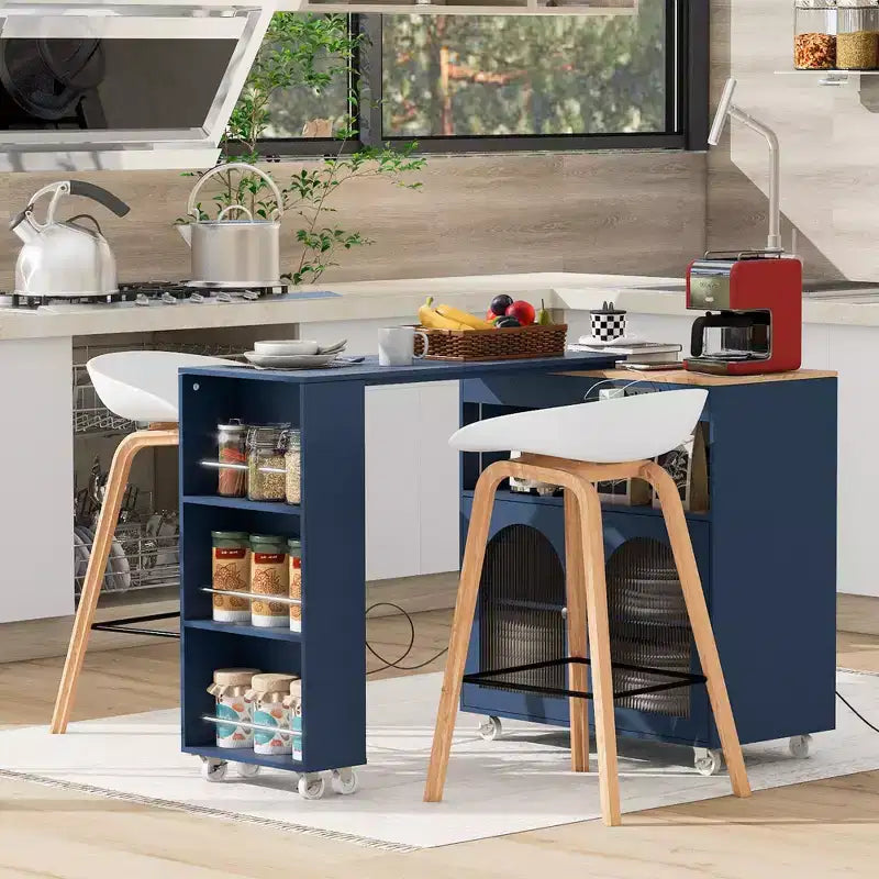 Kitchen Island On Wheels with 2 Glass Doors, Kitchen Cart with Extended Table and Power Outlets, Kitchen Island with Side Open Shelves