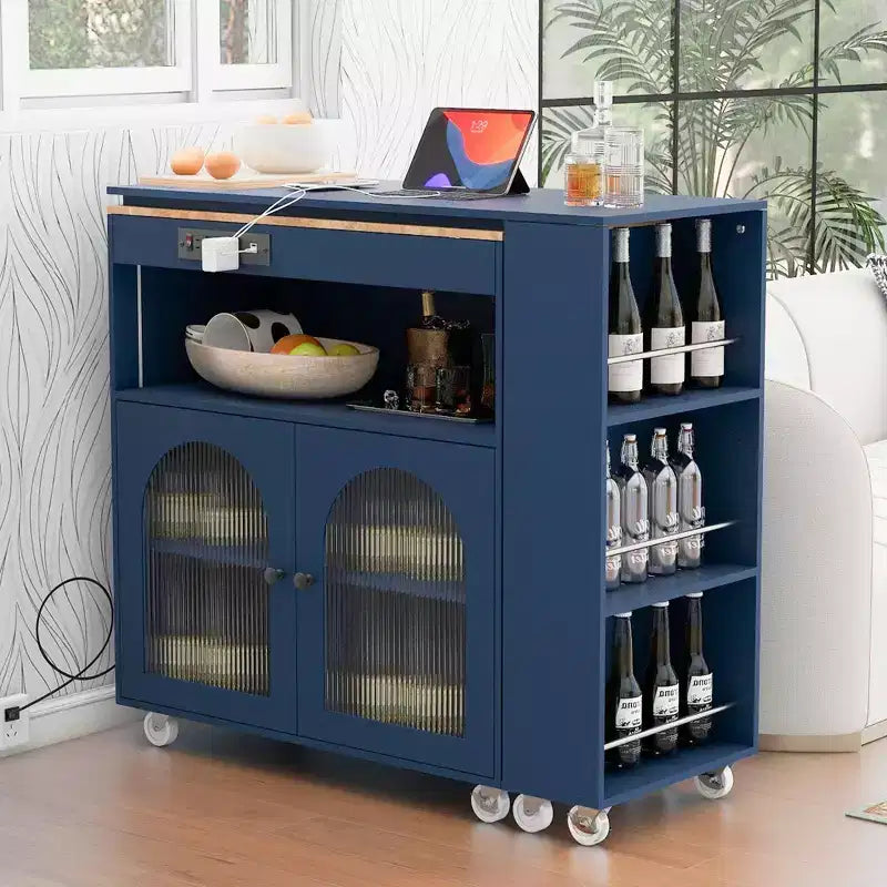Kitchen Island On Wheels with 2 Glass Doors, Kitchen Cart with Extended Table and Power Outlets, Kitchen Island with Side Open Shelves