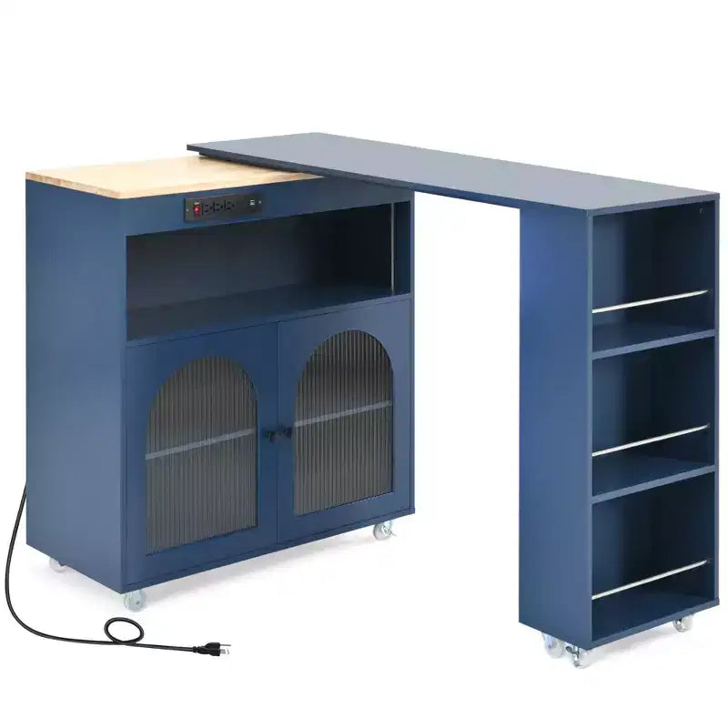 Kitchen Island On Wheels with 2 Glass Doors, Kitchen Cart with Extended Table and Power Outlets, Kitchen Island with Side Open Shelves
