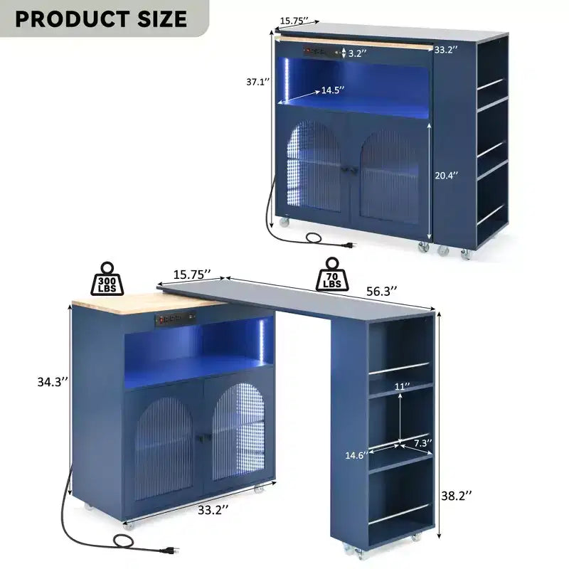 Kitchen Island On Wheels with 2 Glass Doors, Kitchen Cart with Extended Table and Power Outlets, Kitchen Island with Side Open Shelves