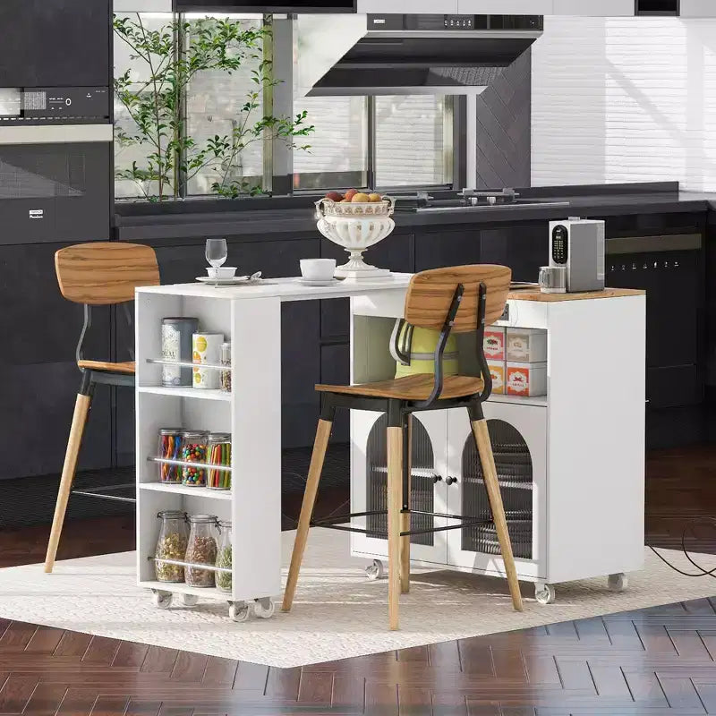 Kitchen Island On Wheels with 2 Glass Doors, Kitchen Cart with Extended Table and Power Outlets, Kitchen Island with Side Open Shelves