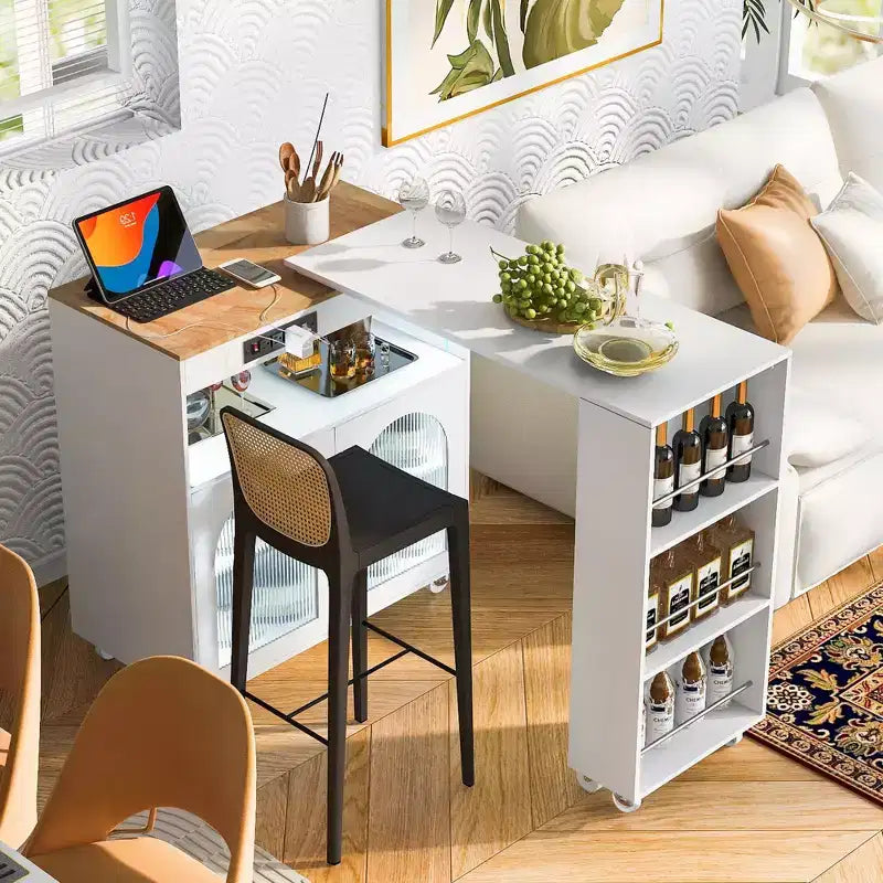 Kitchen Island On Wheels with 2 Glass Doors, Kitchen Cart with Extended Table and Power Outlets, Kitchen Island with Side Open Shelves