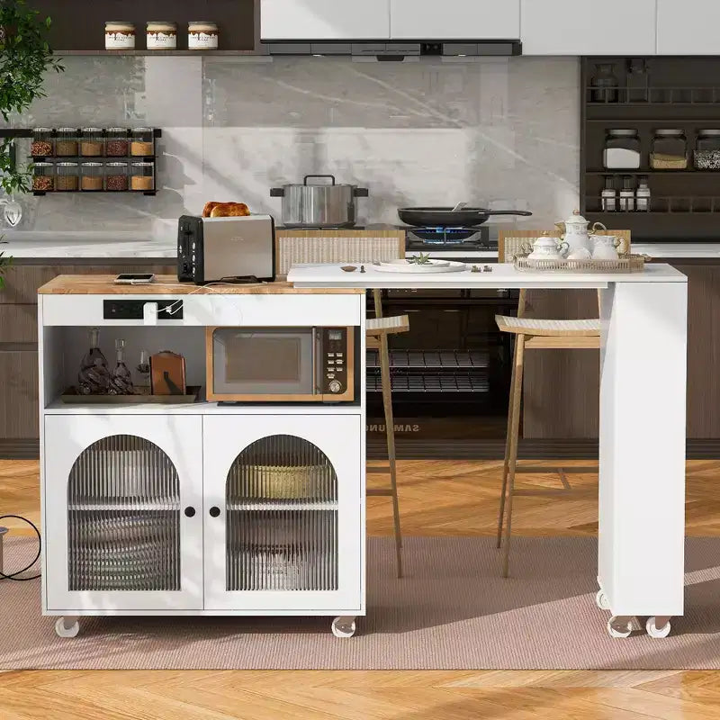 Kitchen Island On Wheels with 2 Glass Doors, Kitchen Cart with Extended Table and Power Outlets, Kitchen Island with Side Open Shelves
