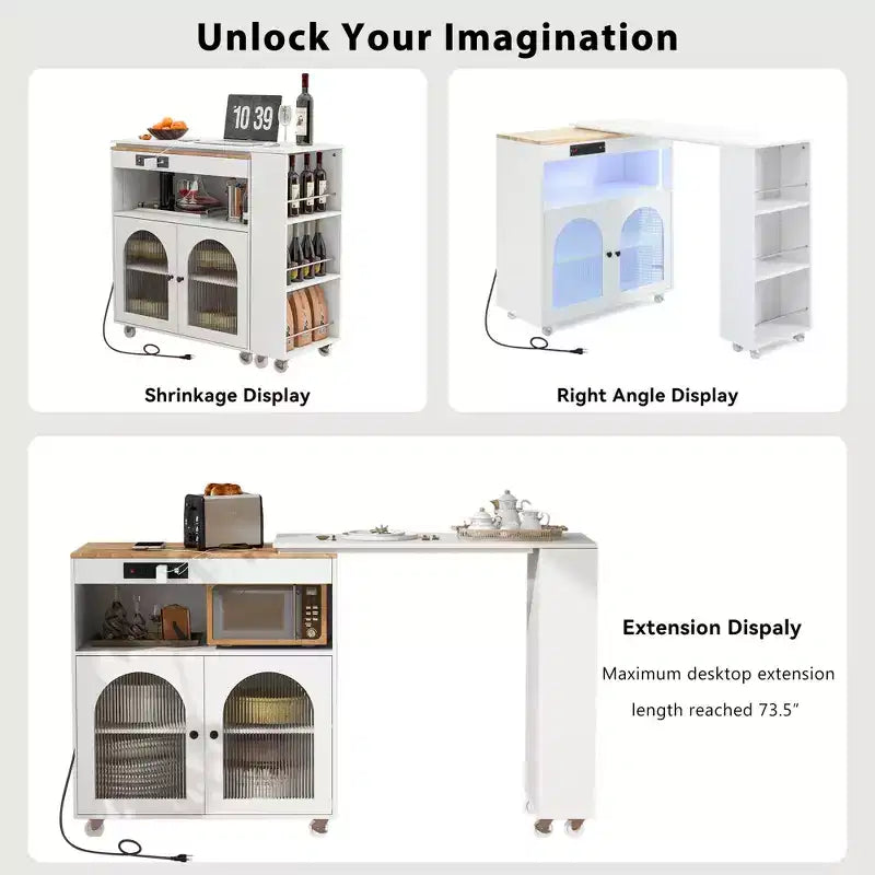 Kitchen Island On Wheels with 2 Glass Doors, Kitchen Cart with Extended Table and Power Outlets, Kitchen Island with Side Open Shelves