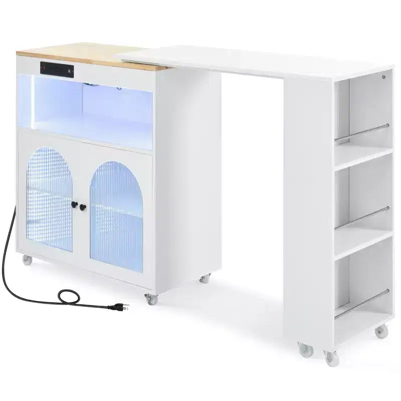 Kitchen Island On Wheels with 2 Glass Doors, Kitchen Cart with Extended Table and Power Outlets, Kitchen Island with Side Open Shelves