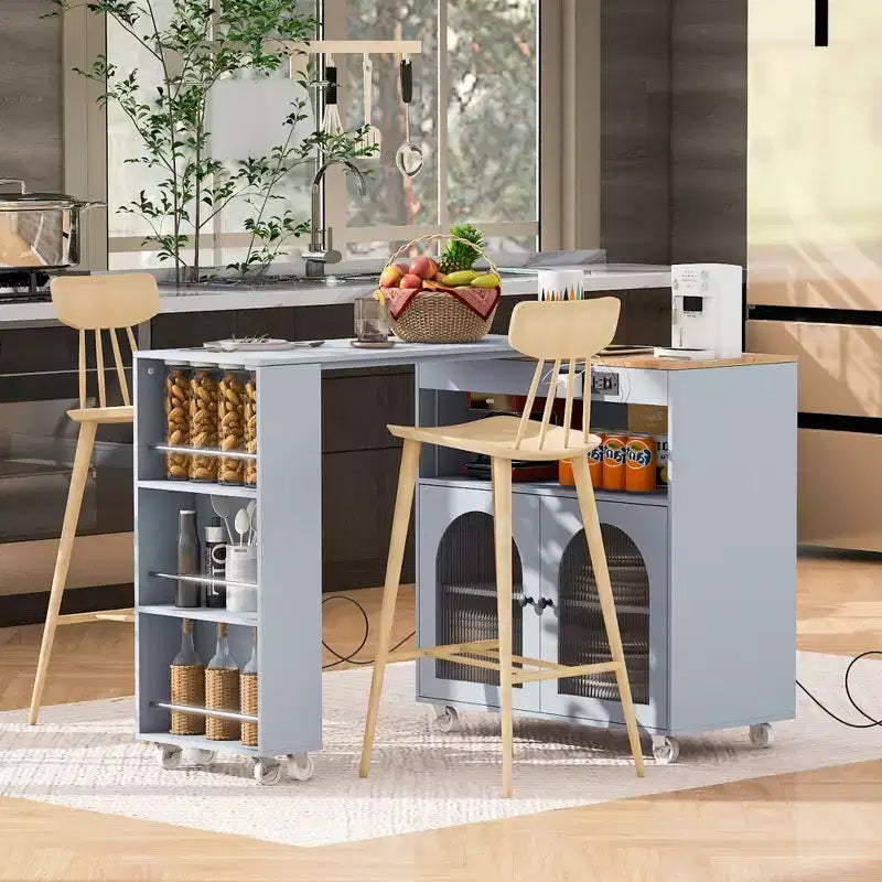 Kitchen Island On Wheels with 2 Glass Doors, Kitchen Cart with Extended Table and Power Outlets, Kitchen Island with Side Open Shelves