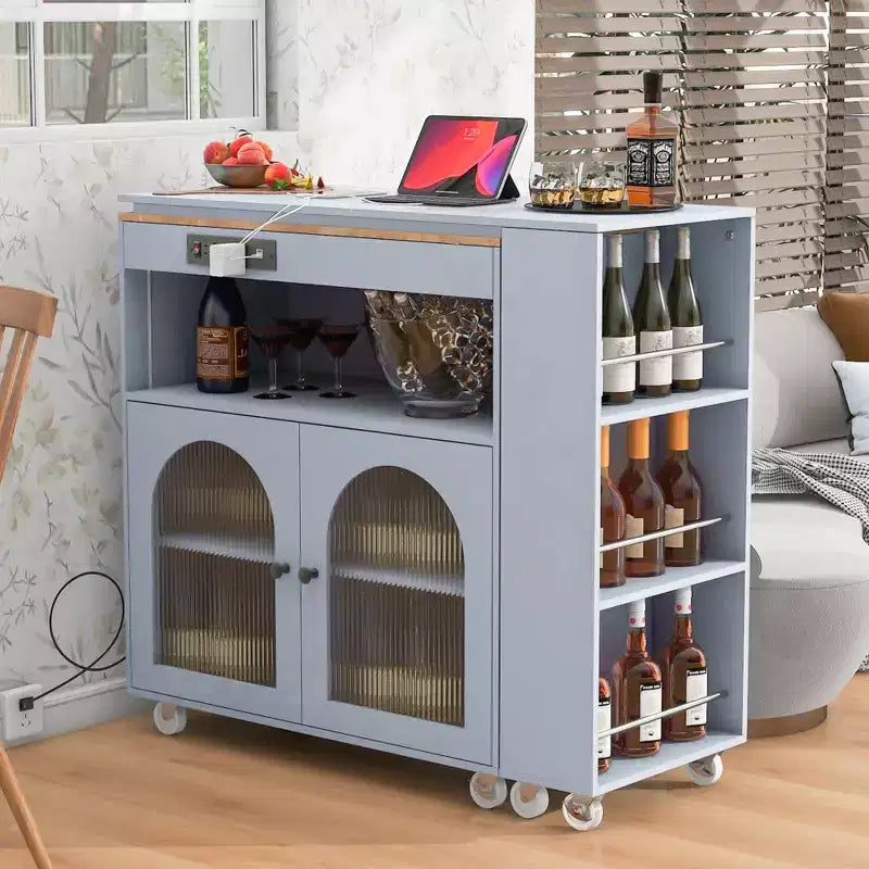 Kitchen Island On Wheels with 2 Glass Doors, Kitchen Cart with Extended Table and Power Outlets, Kitchen Island with Side Open Shelves