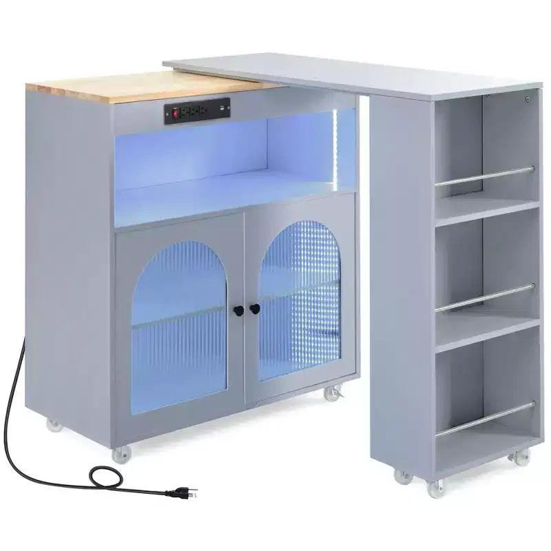 Kitchen Island On Wheels with 2 Glass Doors, Kitchen Cart with Extended Table and Power Outlets, Kitchen Island with Side Open Shelves