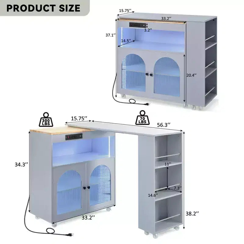 Kitchen Island On Wheels with 2 Glass Doors, Kitchen Cart with Extended Table and Power Outlets, Kitchen Island with Side Open Shelves